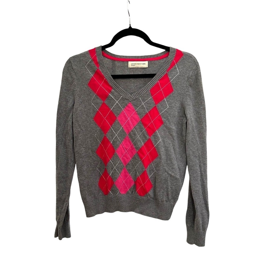 Jones New York Sport Womens Gray Pink Argyle V-Neck 100% Cotton Sweater